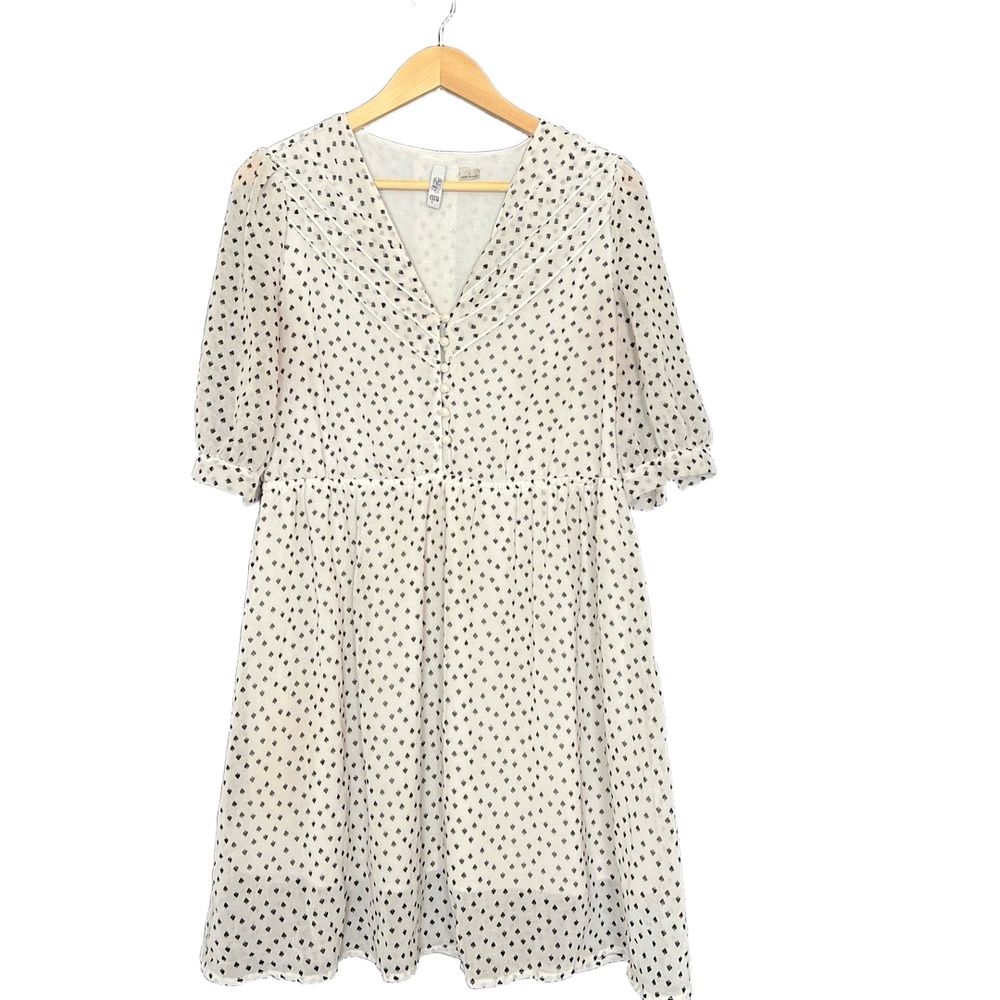 Ezra Dress Womens Size Large Black White Chiffon ALine SpadePrint Pearl Feminine